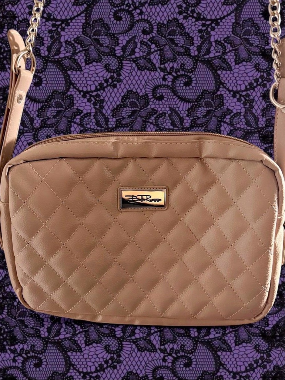 Bella russo blush beige purse with chain crossbody strap faux leather